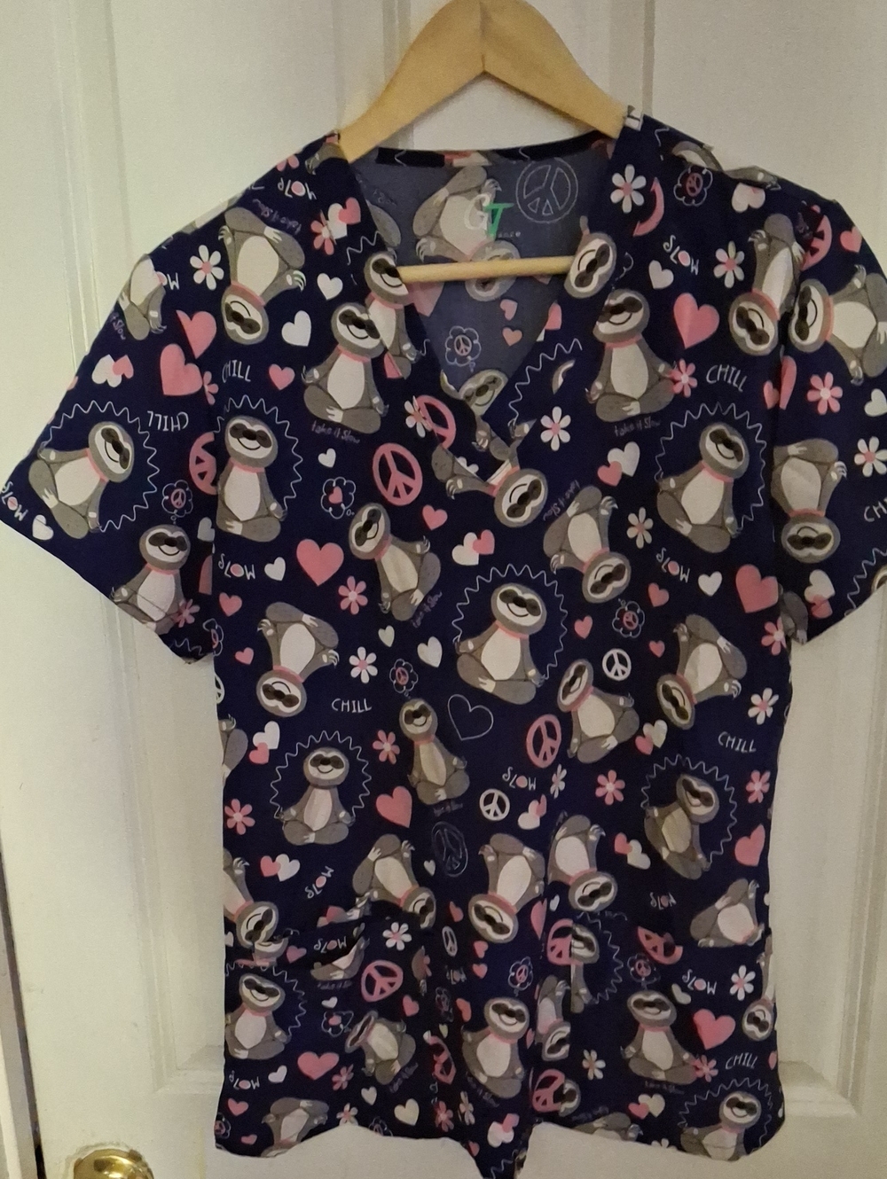 Cherokee Women’s Navy Sloth Print Scrub Top - Pink & Gray Accents